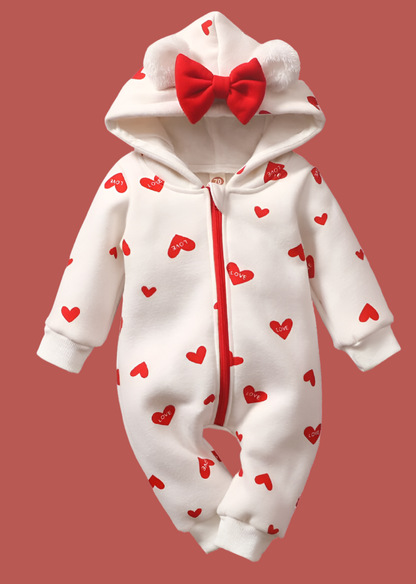 Baby Girl Sweetheart Hooded Jumpsuit – Cozy One-Piece with Bow Detail