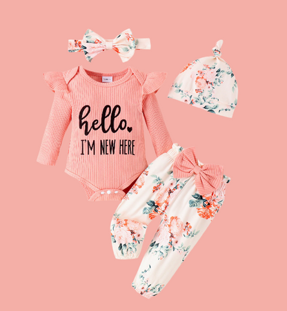 Baby Girl Hello I'm New Here 4 Piece Set – Newborn Coming Home Outfit