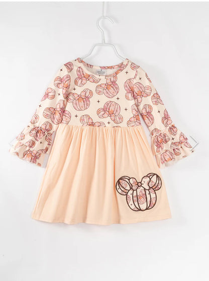 Girls Sweet Pumpkin Dress – Soft Milk Silk Ruffle Sleeve Fall Halloween Dress