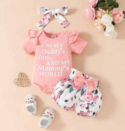 Baby Girl Pink 3 Piece Set – Onesie, Floral Shorts & Matching Bow