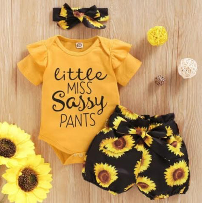 Baby Girl Little Sassy Sunshine 3 Piece Set – Sunflower Onesie, Shorts & Bow