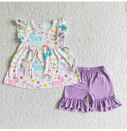 Girls Rainbows & Unicorns 2 Piece Set – Soft Milk Silk Top & Ruffle Shorts