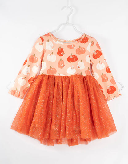 Girls Pumpkin Swirl Dress with Tutu – Milk Silk Fall Dress