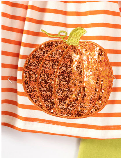 Girls Sparkly Pumpkin 2 Piece Set – Sequin Pumpkin Top & Green Leggings