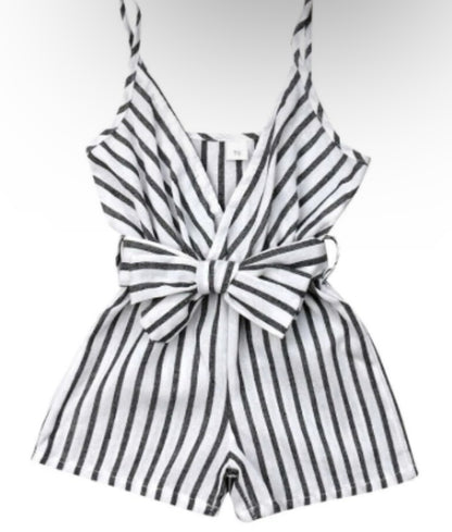 Baby Girl V-Neck Black & White Striped Romper – Classic Summer One-Piece Outfit
