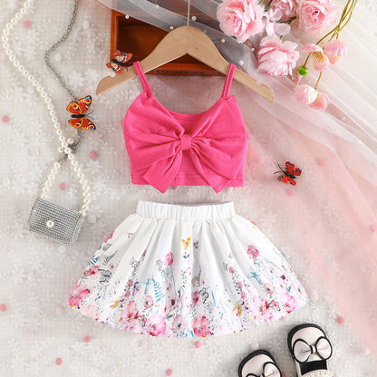 Girls Pink Bow Halter Top & Floral Skirt Set – Cute Summer 2 Piece Outfit