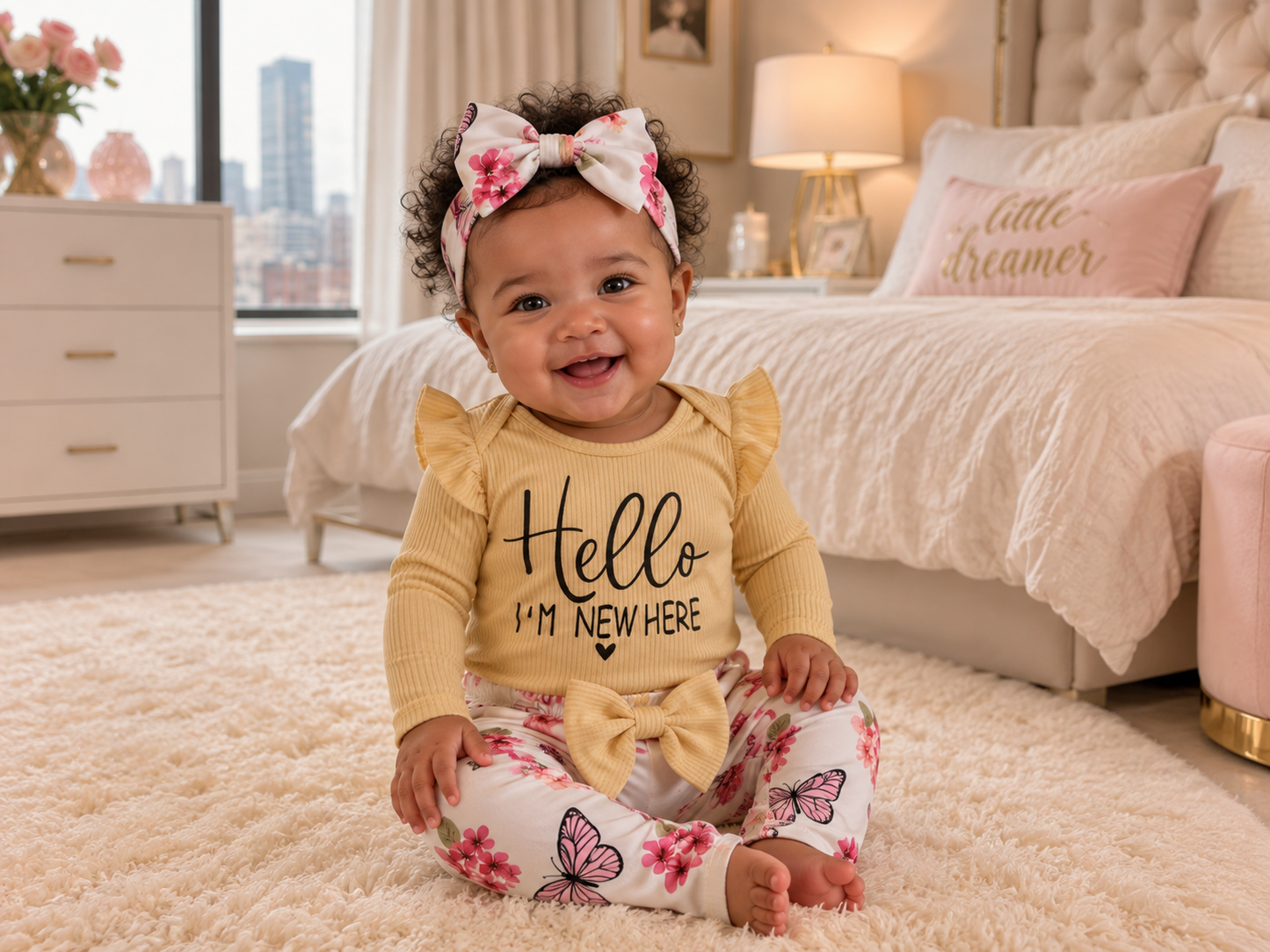 Baby Girl Butterfly 3 Piece Set – Onesie, Butterfly Pants & Bow