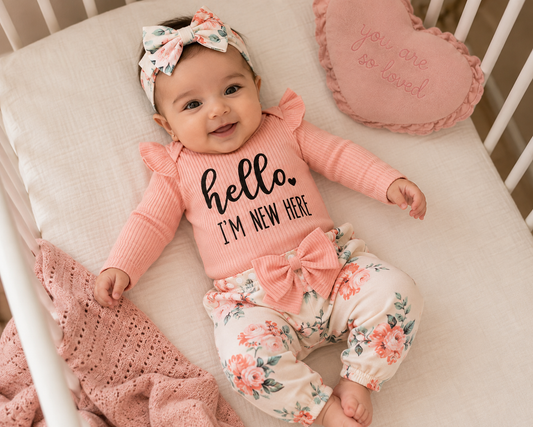 Baby Girl Hello I'm New Here 4 Piece Set – Newborn Coming Home Outfit