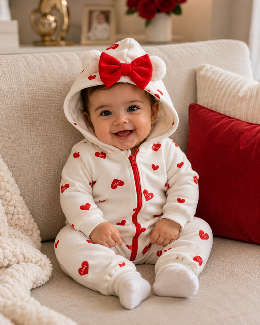 Baby Girl Sweetheart Hooded Jumpsuit – Cozy One-Piece with Bow Detail