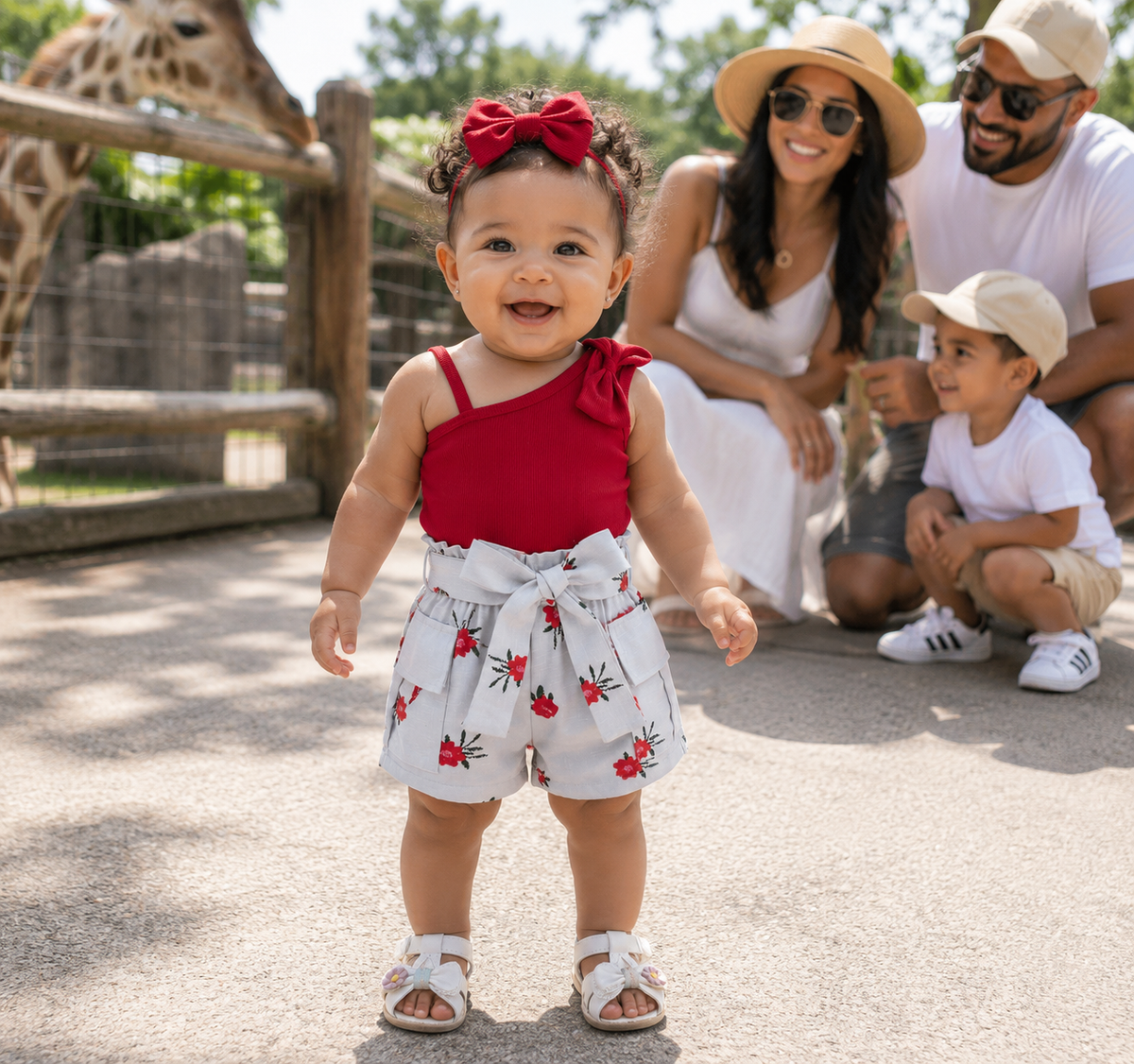 Hi Love! Girls Red One Shoulder Top & Floral Shorts Set – Bow Accent Summer Outfit