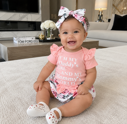 Baby Girl Pink 3 Piece Set – Onesie, Floral Shorts & Matching Bow