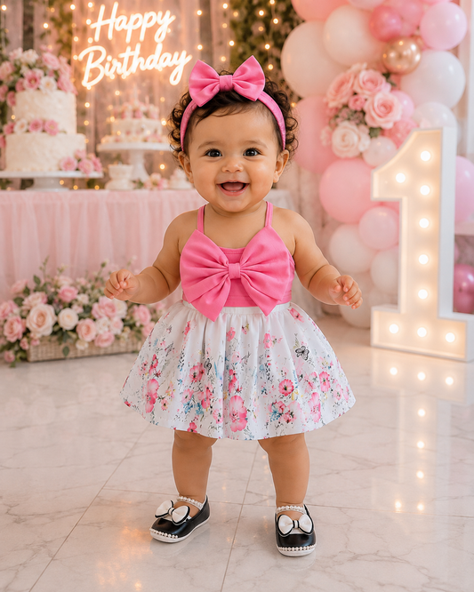 Girls Pink Bow Halter Top & Floral Skirt Set – Cute Summer 2 Piece Outfit