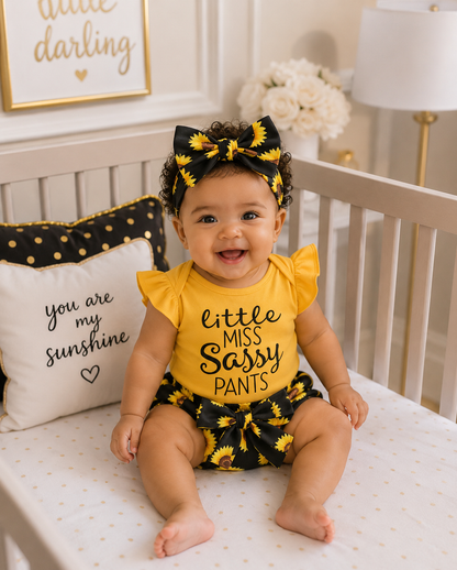 Baby Girl Little Sassy Sunshine 3 Piece Set – Sunflower Onesie, Shorts & Bow