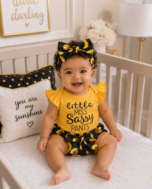 Baby Girl Little Sassy Sunshine 3 Piece Set – Sunflower Onesie, Shorts & Bow