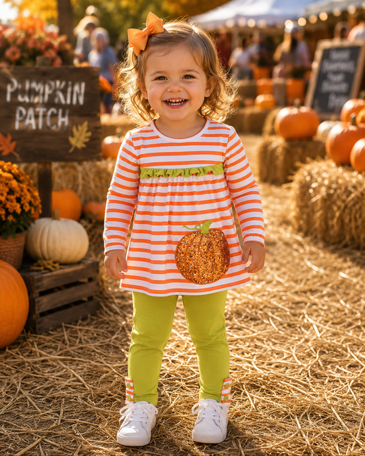 Girls Sparkly Pumpkin 2 Piece Set – Sequin Pumpkin Top & Green Leggings