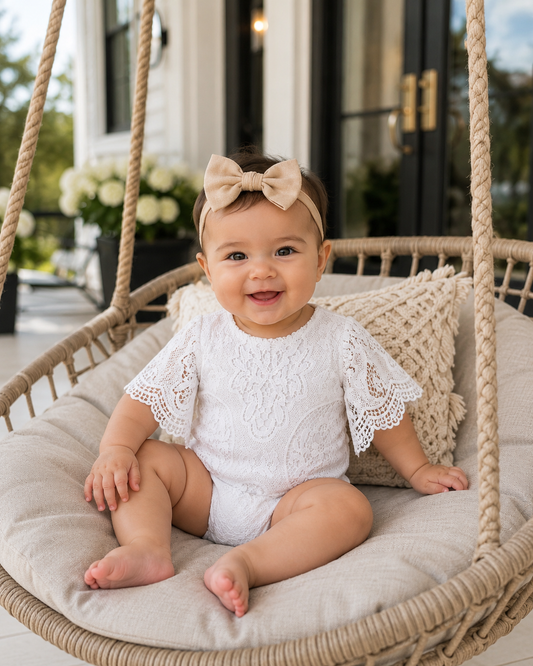 Baby Girl Angel White Bell Sleeve Onesie – Crochet Lace Boho Baby Outfit