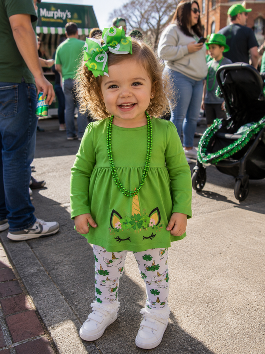 Girls St. Patrick's Day Good Luck Charm 2 Piece Set – Unicorn Top & Clover Leggings