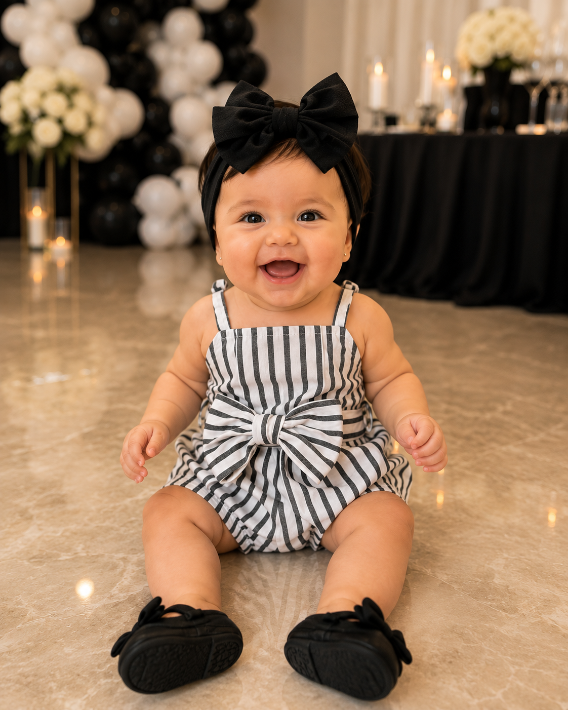 Baby Girl V-Neck Black & White Striped Romper – Classic Summer One-Piece Outfit