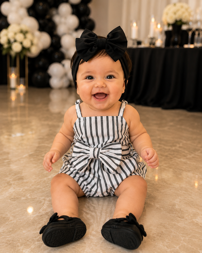 Baby Girl V-Neck Black & White Striped Romper – Classic Summer One-Piece Outfit