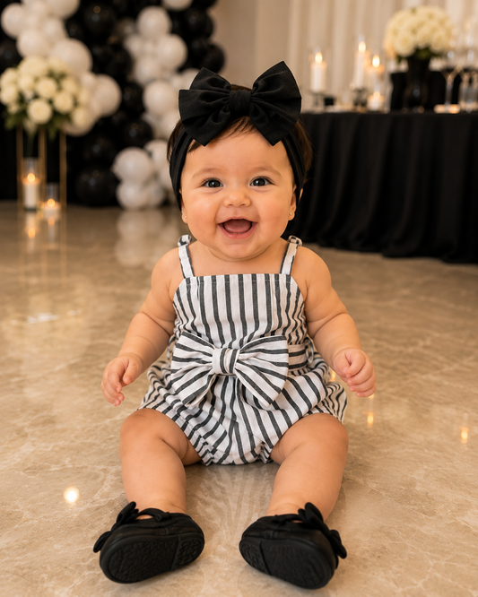 Baby Girl V-Neck Black & White Striped Romper – Classic Summer One-Piece Outfit