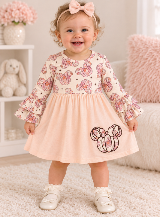 Girls Sweet Pumpkin Dress – Soft Milk Silk Ruffle Sleeve Fall Halloween Dress