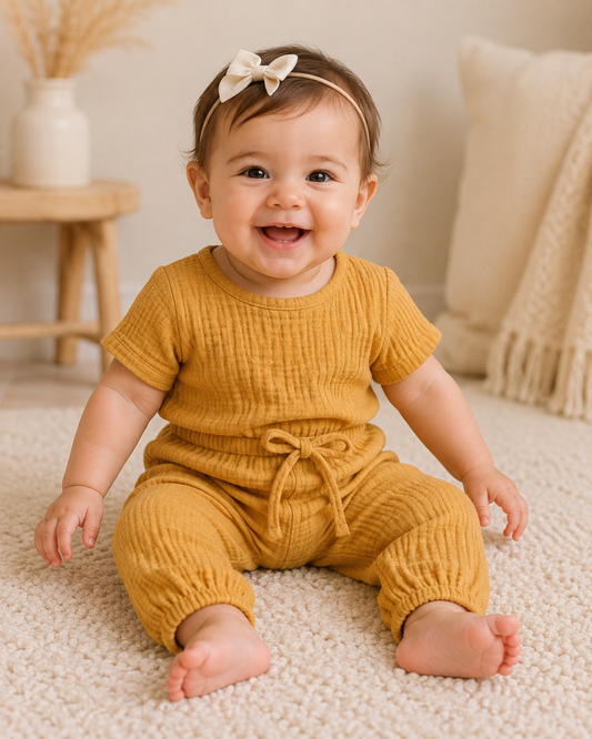 Baby Girl Mustard Yellow Linen Jumpsuit – Cozy Fall One-Piece Outfit
