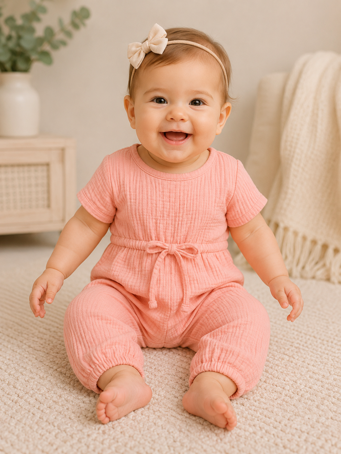 Girls Pink Linen Jumpsuit – Soft & Comfortable Fall One-Piece Outfit
