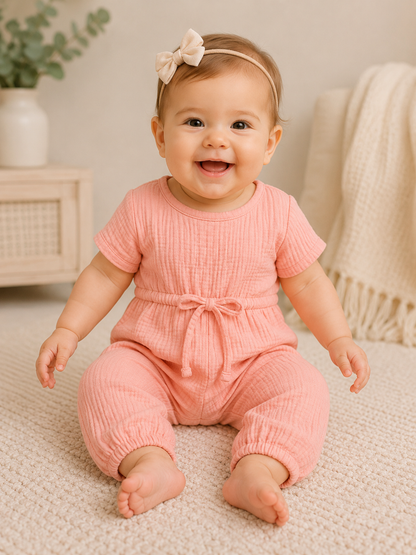 Girls Pink Linen Jumpsuit – Soft & Comfortable Fall One-Piece Outfit