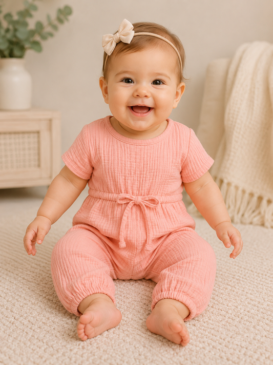 Girls Pink Linen Jumpsuit – Soft & Comfortable Fall One-Piece Outfit