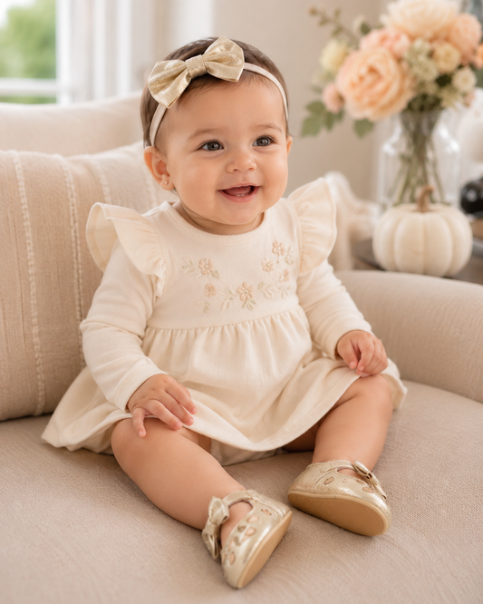 Baby Girl Golden Heart Ballet Flats – Gold Baby Dress Shoes with Heart Detail