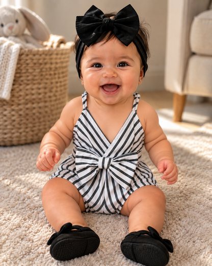 Baby Girl V-Neck Black & White Striped Romper – Classic Summer One-Piece Outfit