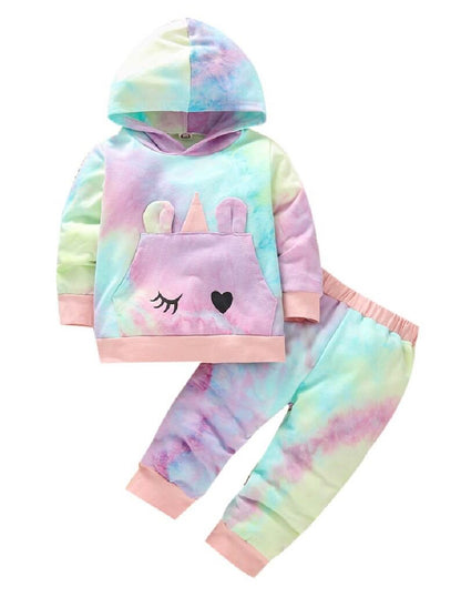 Baby Girl Tie Dye Unicorn Hoodie & Matching Pants Set – Cozy Fall 2 Piece Outfit