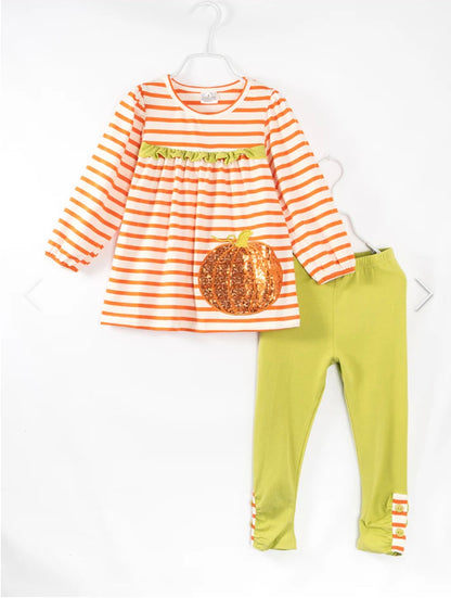 Girls Sparkly Pumpkin 2 Piece Set – Sequin Pumpkin Top & Green Leggings
