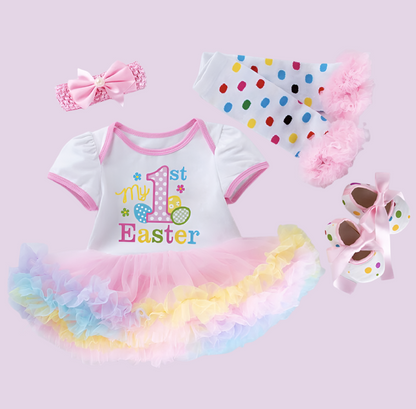 Baby Girl My First Easter 4 Piece Set – Tutu Dress, Leg Warmers, Bow & Shoes