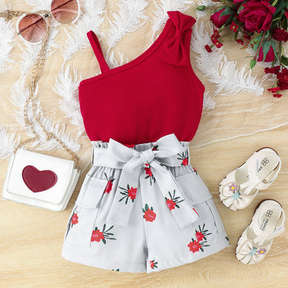 Hi Love! Girls Red One Shoulder Top & Floral Shorts Set – Bow Accent Summer Outfit