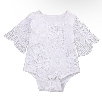 Baby Girl Angel White Bell Sleeve Onesie – Crochet Lace Boho Baby Outfit