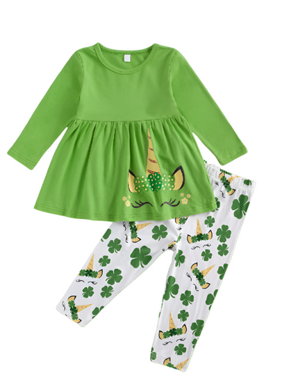 Girls St. Patrick's Day Good Luck Charm 2 Piece Set – Unicorn Top & Clover Leggings